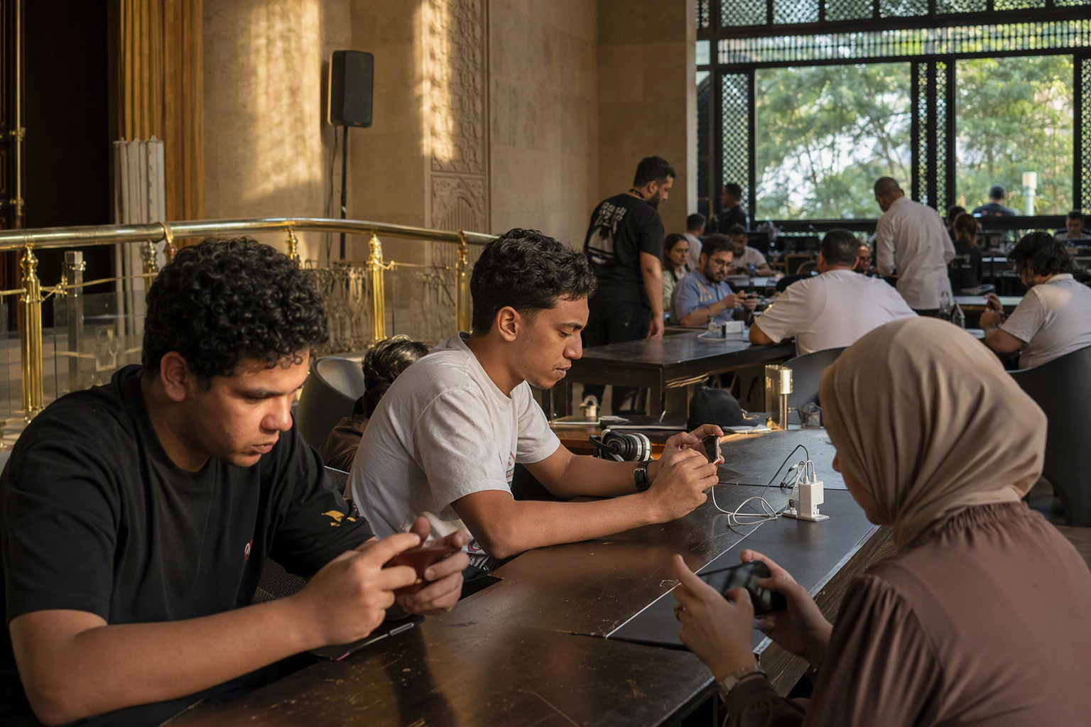 Community mobile esports competitors checking in at a modern Cairo event space