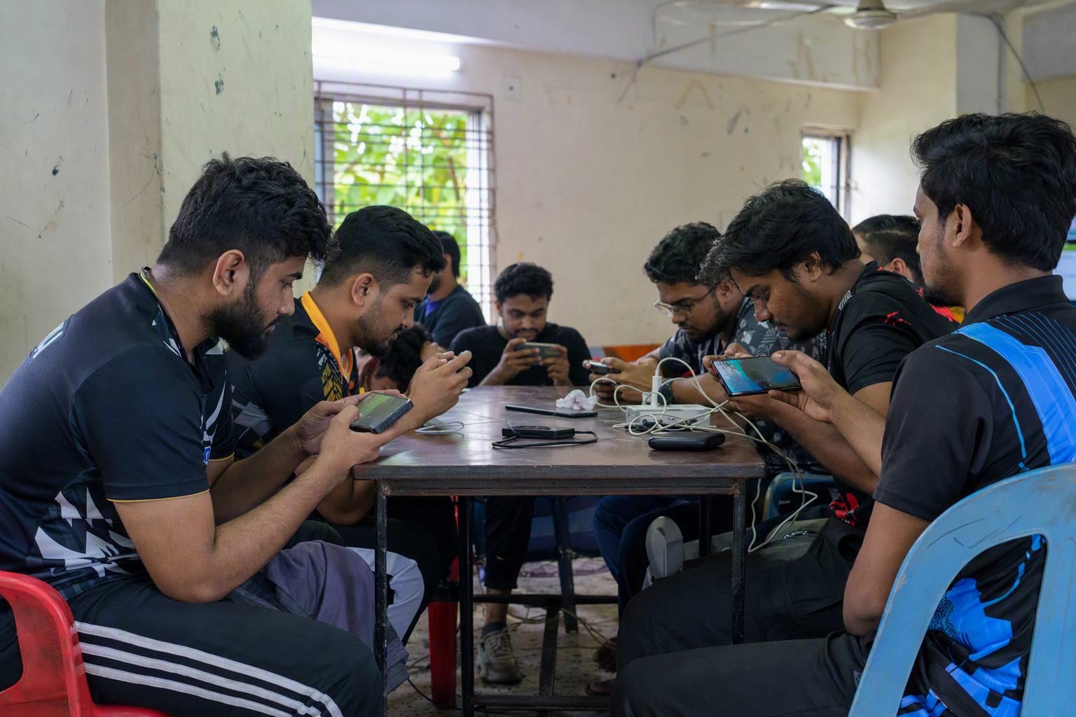 Mobile esports teams preparing at a community tournament venue in Dhaka