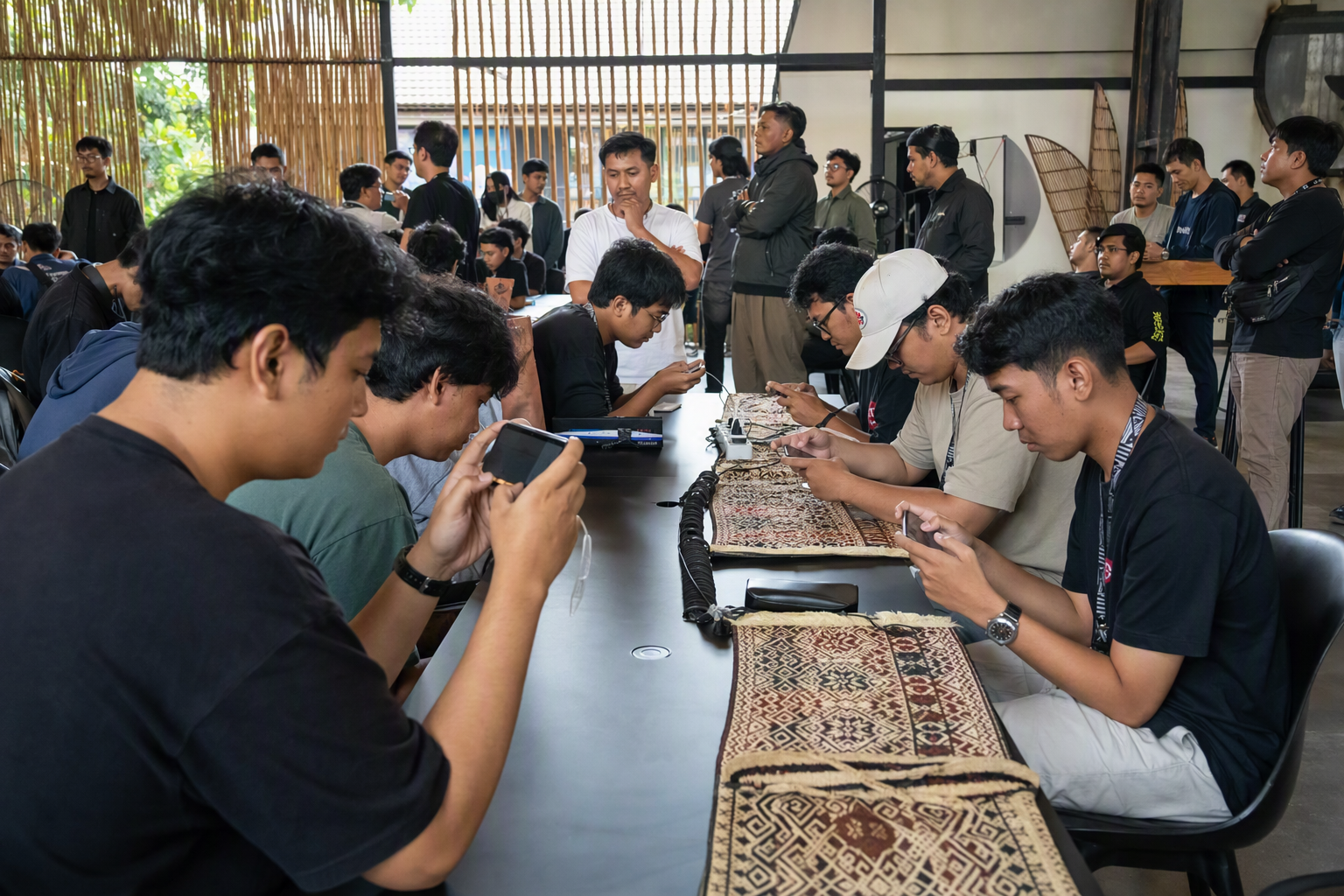 Individual mobile competitors seated in a bright Jakarta community event hall