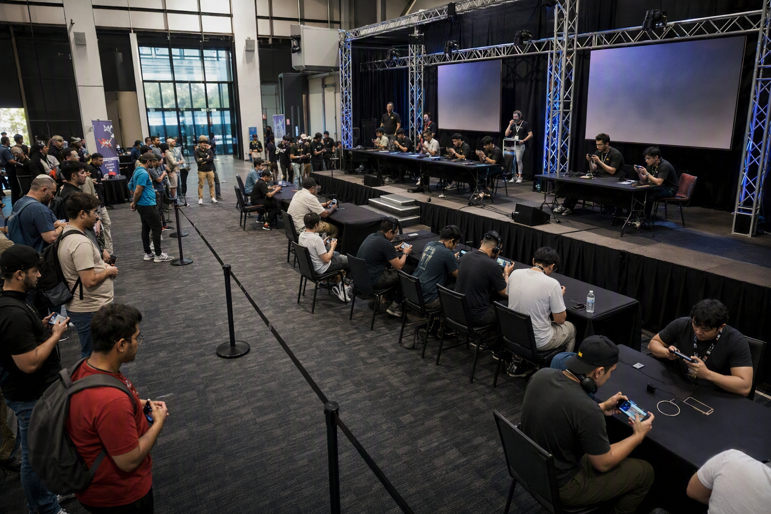Competitors seated at long tables in an independently operated mobile esports tournament hall