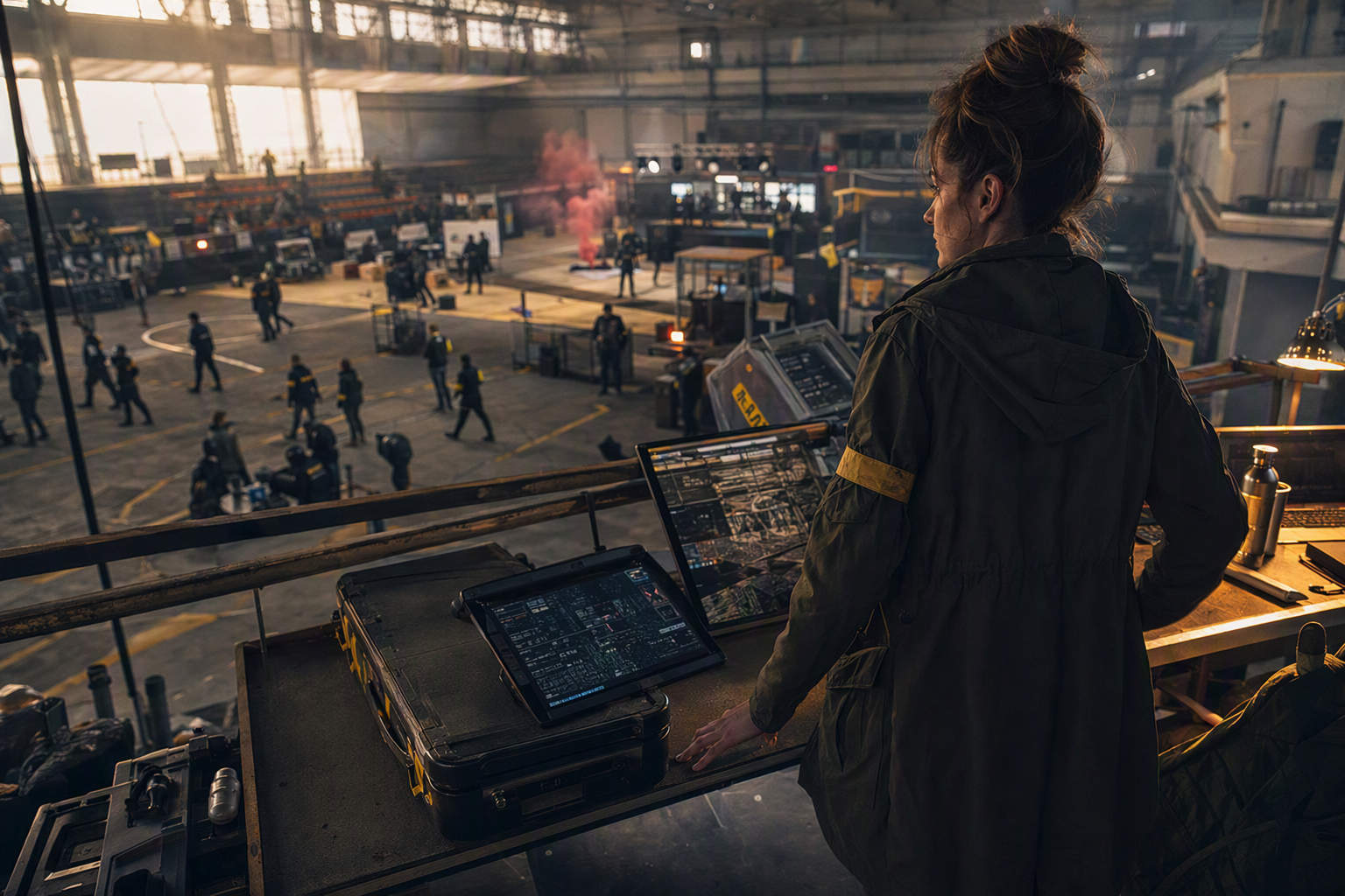 Organizer overseeing an independent arena floor