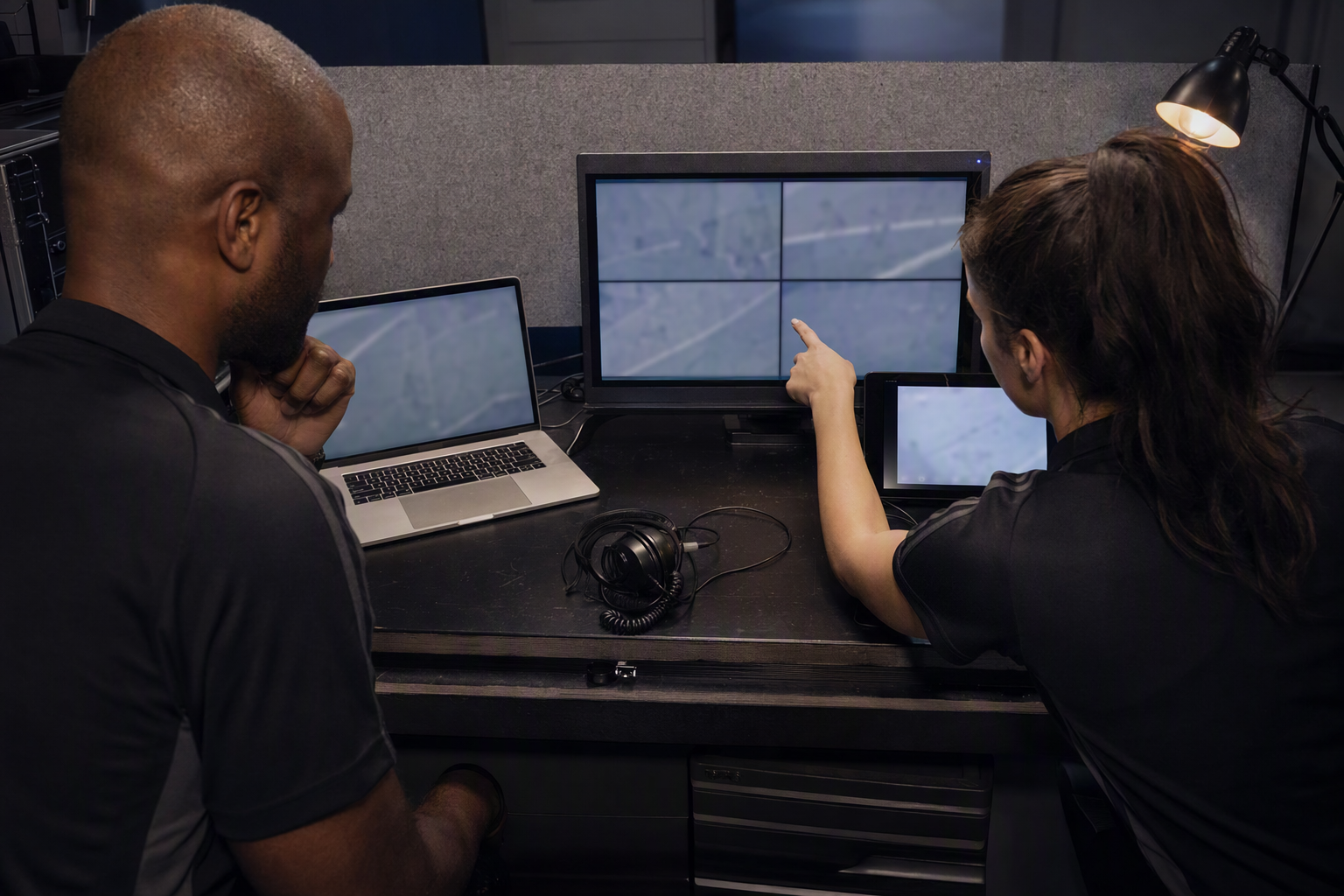 Tournament officials reviewing match evidence at an operations desk