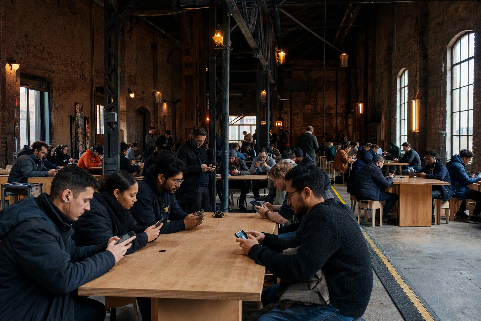 Diverse European players competing with handheld phones at a small Berlin arena
