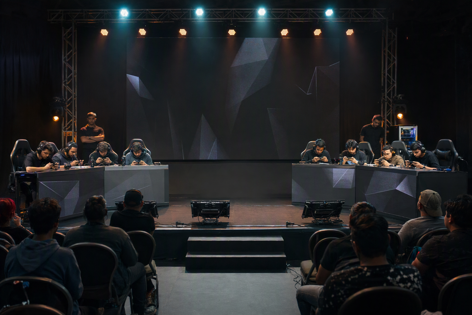 A diverse squad coordinating on mobile devices at an independent South Asia tournament stage